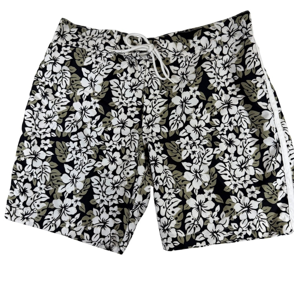 Pursuit Parke & Ronen Mens Floral Swim Trunks Black White Olive Green Size 32